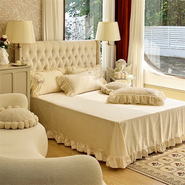 Pink Vintage French Beige Ruffles Flowers Embroidered Egyptian Cotton 1000TC Bedding Set